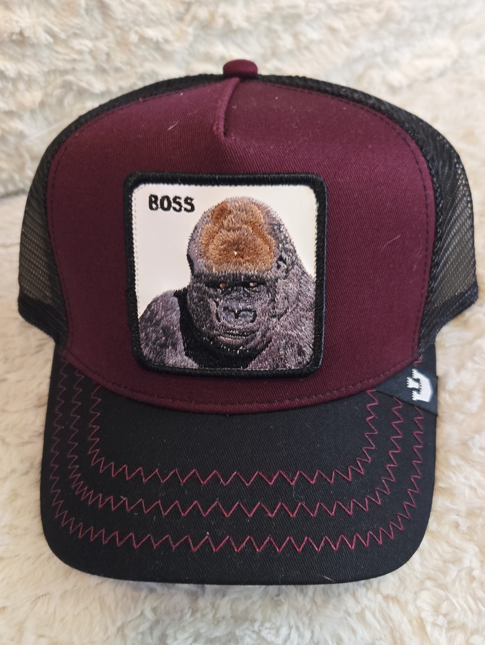 Goorin Bros Maroon and Black "Boss" Gorilla Patch Trucker Hat